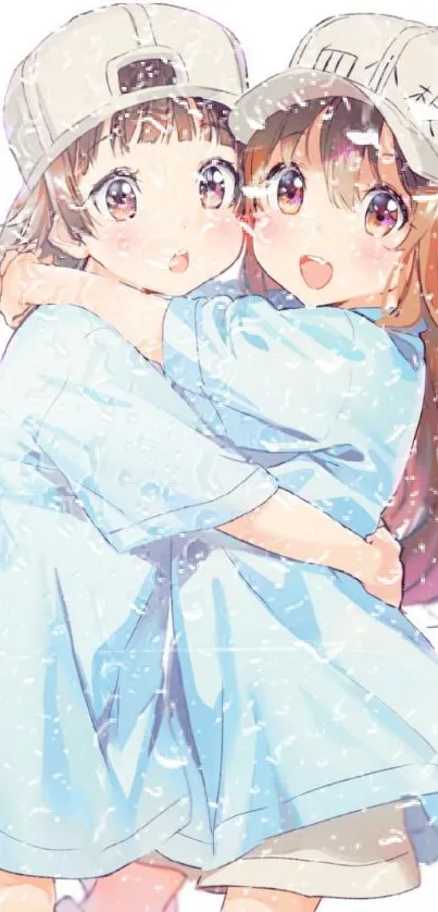 Cute anime duo with light blue outfits and caps hugging closely.