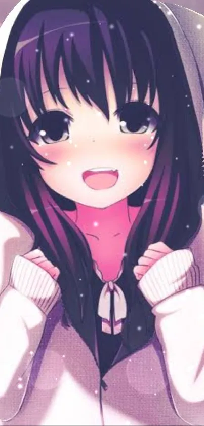 Anime girl in hoodie with pastel pink background.