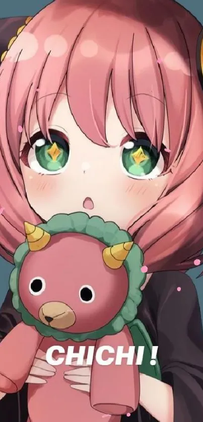 Anime girl with pink hair and plush toy on teal background.