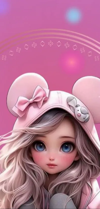 Anime girl with pink background and cute ears.