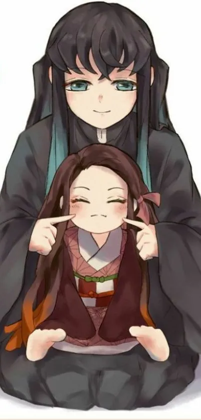 Adorable anime sisters in traditional clothing with a heartwarming pose.