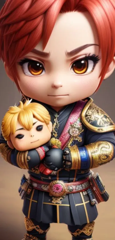 Chibi anime warrior holding a doll character in detailed armor.