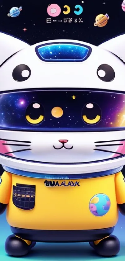 Cute astronaut cat in space-themed cartoon style.