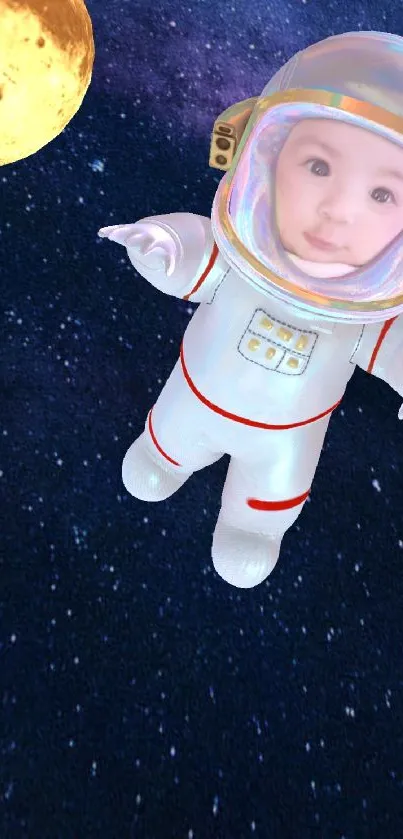 Adorable baby in an astronaut suit drifting in a starry space scene.