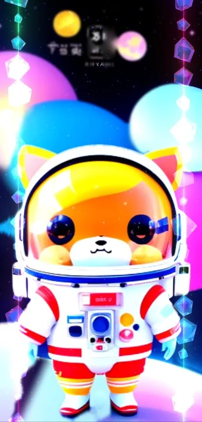 Adorable astronaut in vibrant cosmic scene with colorful planets.