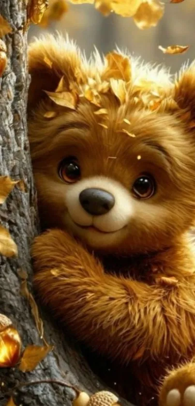 Adorable bear hugging a tree with autumn leaves.