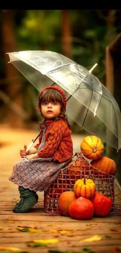 Child under umbrella with pumpkins in autumn setting, mobile wallpaper.