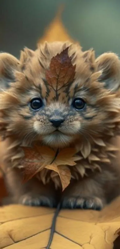 Adorable kitten with autumn leaves on a phone wallpaper.