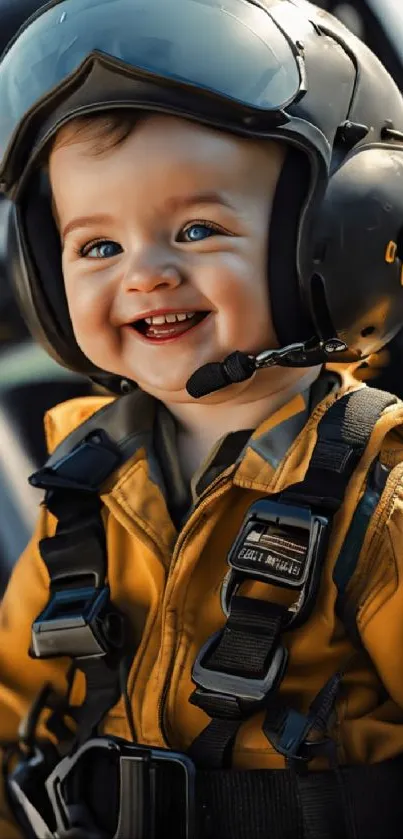 Smiling child in aviator helmet and gear.