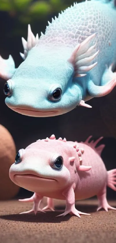 Two cute axolotls, one blue and one pink, resting on sandy substrate.