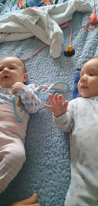 Adorable babies lying on a soft blue blanket.