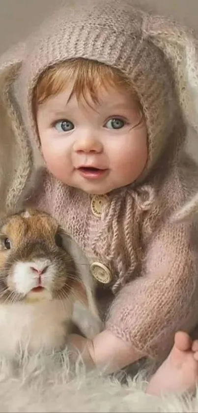 Adorable baby in bunny costume with a rabbit on beige background.