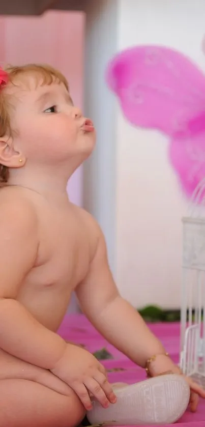 Baby with butterfly and birdcage in a serene pink setting.