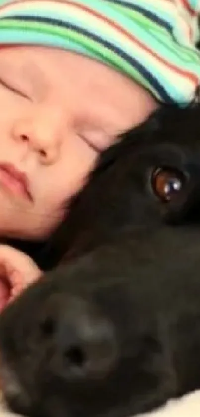 Sleeping baby with a black dog cuddling close on a soft blanket.