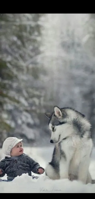 Baby and husky in snowy forest wallpaper.