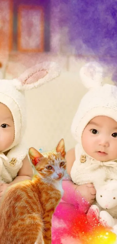 Adorable twin babies in bunny suits with a colorful kitten.