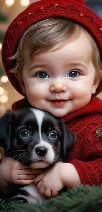 Charming baby in red sweater with puppy during holidays.
