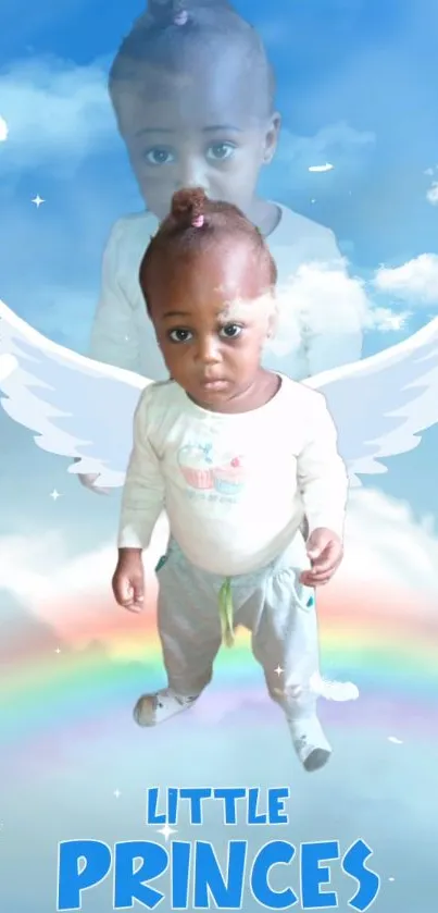 Adorable baby with wings and a rainbow in the sky backdrop.