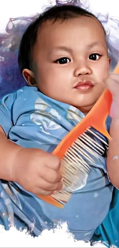 Adorable baby painting with orange comb on a blue and white background.