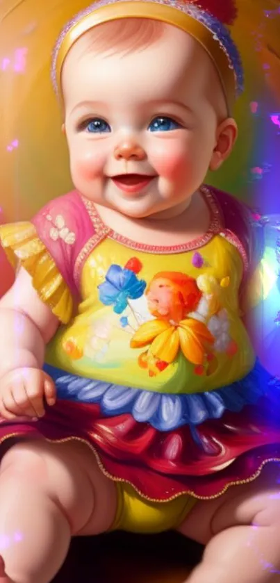 Adorable baby in a colorful, artistic outfit for a vibrant wallpaper.