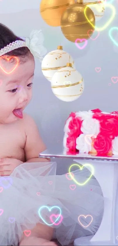 Baby birthday wallpaper with cake and festive decorations.