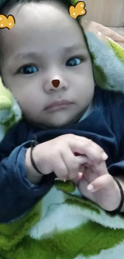 Adorable baby wrapped in a green blanket with cute bear ears filter.