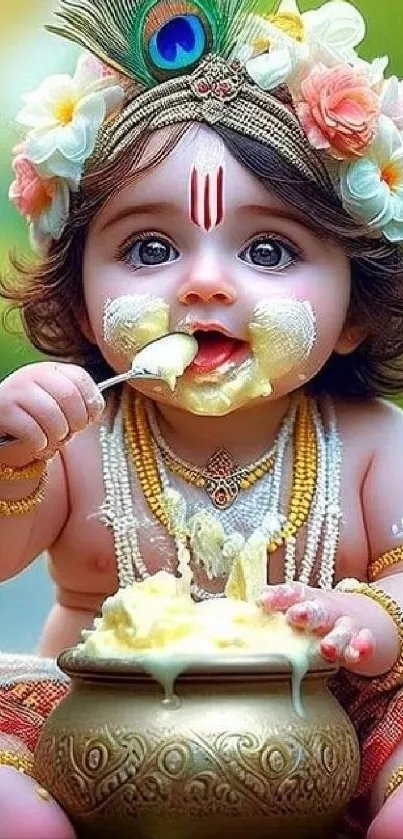 Adorable baby Krishna enjoying butter with floral adornments.