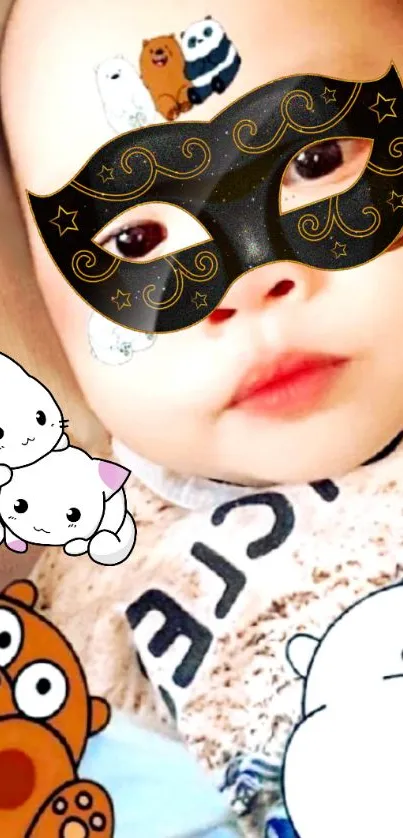 Cute baby with cartoon animals and mask on mobile wallpaper.