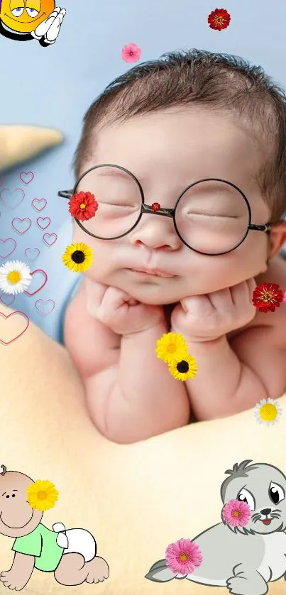 Adorable baby with glasses and cartoon flowers on blue background.