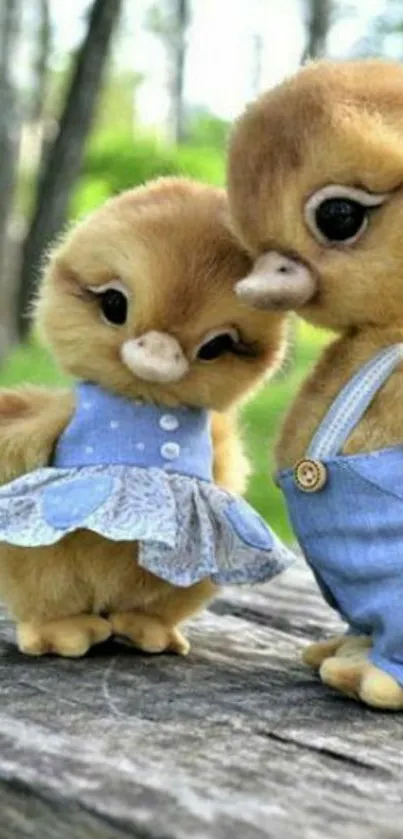 Two adorable chicks in blue outfits on a wooden bench.