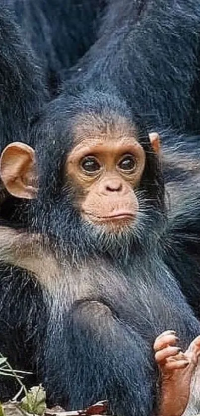 Adorable baby chimpanzee sitting in natural habitat.