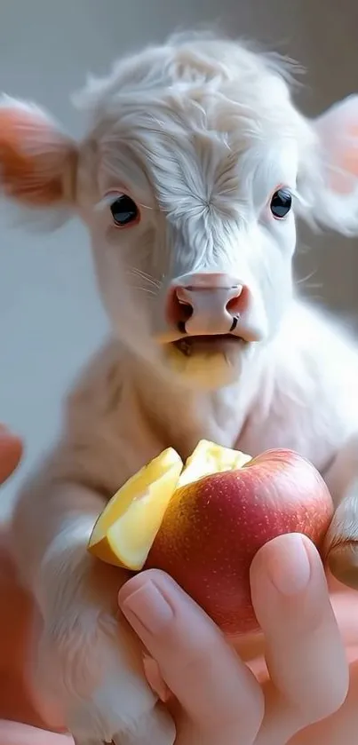 Adorable white calf with an apple in hand.