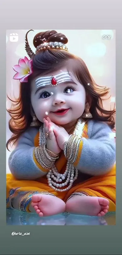 Adorable baby dressed as a deity with vibrant colors.