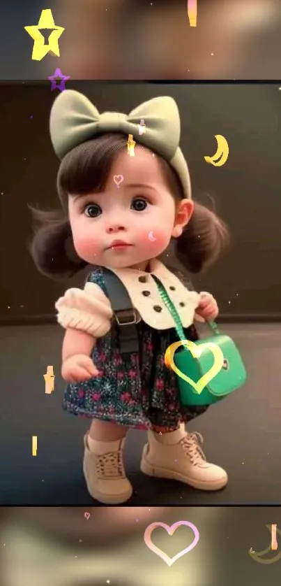 Adorable baby doll with stars and hearts mobile wallpaper.