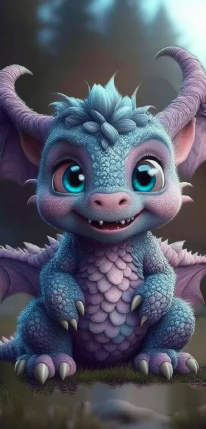 Adorable baby dragon with big eyes in blue and purple hues on a mobile wallpaper.