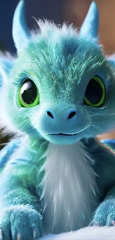 Cute baby dragon with teal scales and bright green eyes.