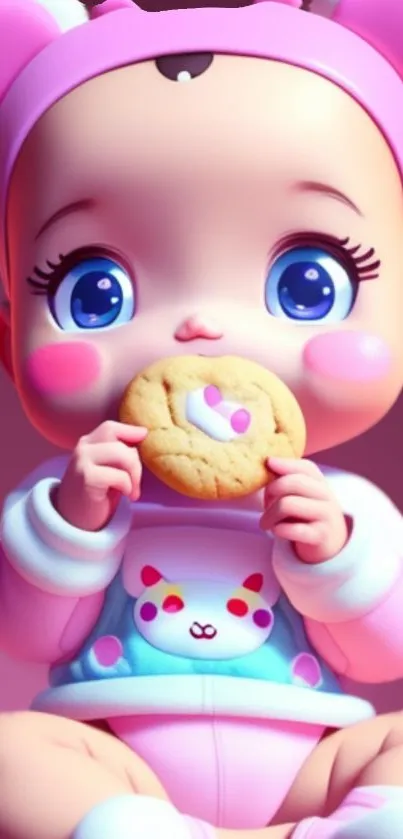 Adorable baby in pink outfit eating a cookie.