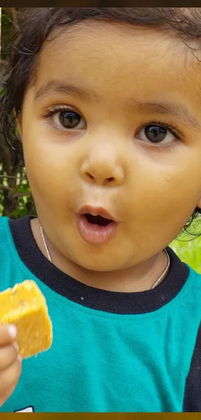 Adorable baby eating a snack in a teal shirt with curious expression.