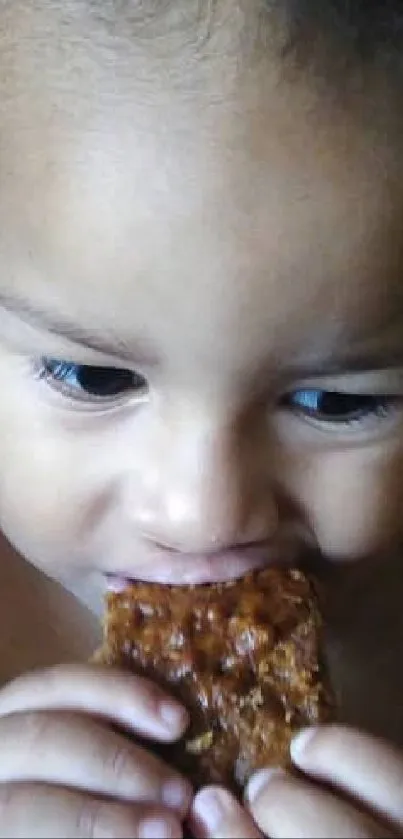 Adorable baby savoring a snack, exuding innocence.