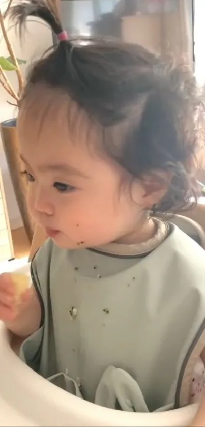 Adorable toddler enjoys snack in high chair.