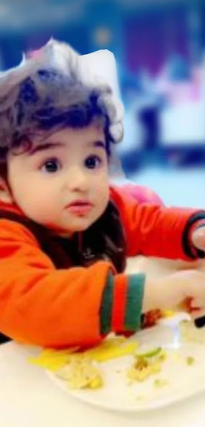 Adorable baby in orange jacket eating on a plate.