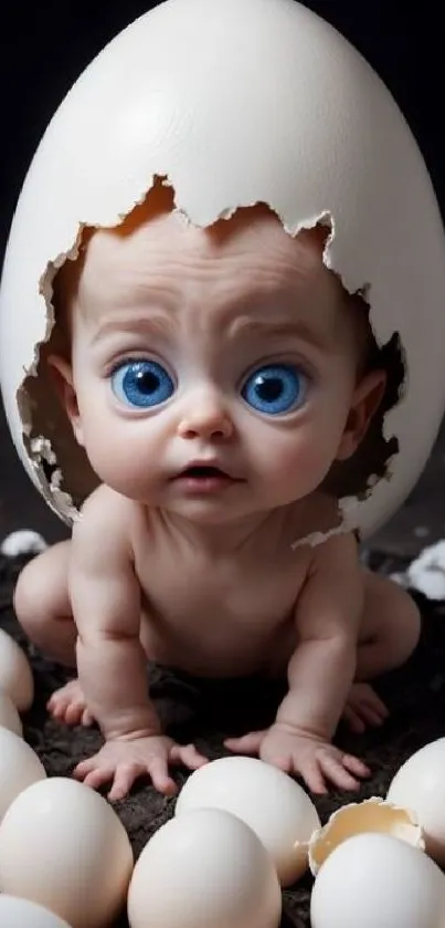 Adorable baby in eggshell with big blue eyes on dark background.