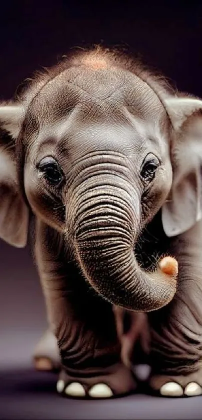 Adorable baby elephant with a playful pose on a dark background.