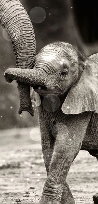 Adorable baby elephant in sepia tone on a mobile wallpaper.