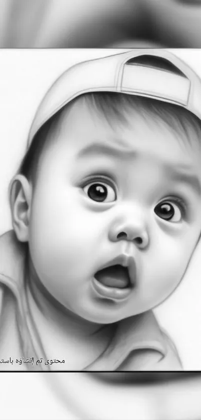 Adorable baby pencil sketch with big eyes on a mobile wallpaper.