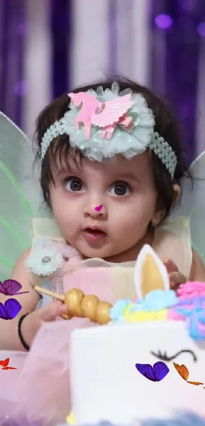 Baby dressed as a fairy with a colorful cake.