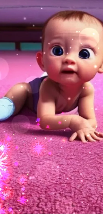 Adorable baby with sparkles on pink floor wallpaper.