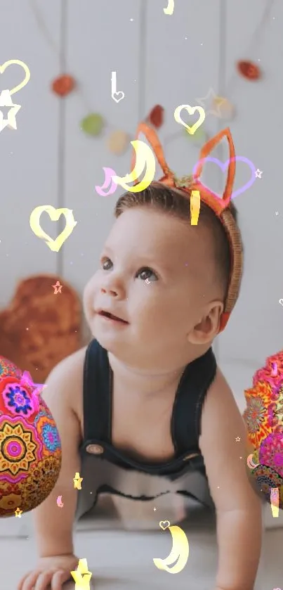 Adorable baby with colorful festive decorations and balloons.