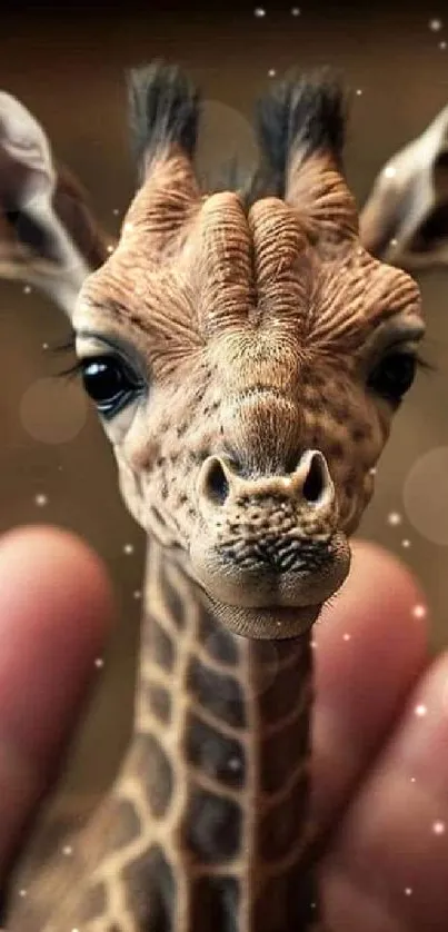 Close-up of a charming baby giraffe held gently in hands, perfect for mobile wallpaper.