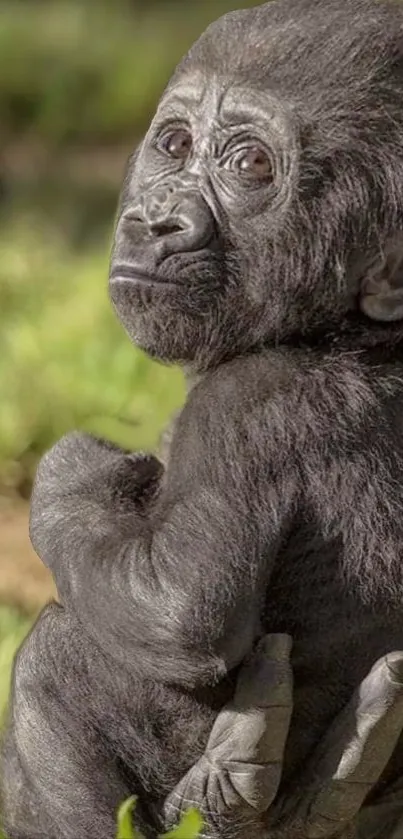 Adorable baby gorilla sitting on grass.